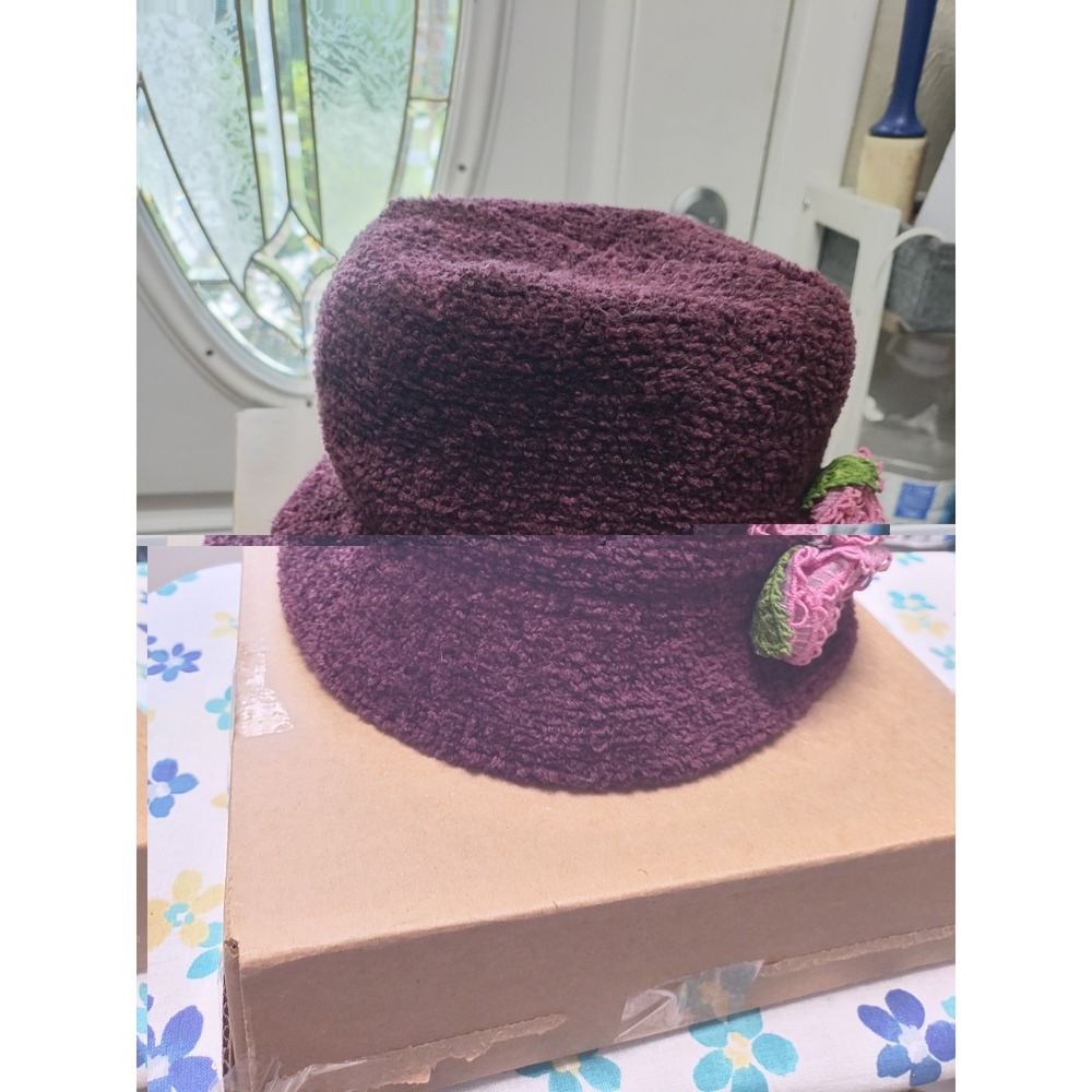 Cloche/Bucket Chenille Hat With Crochet/Fabric Flower - Picture 3 of 3